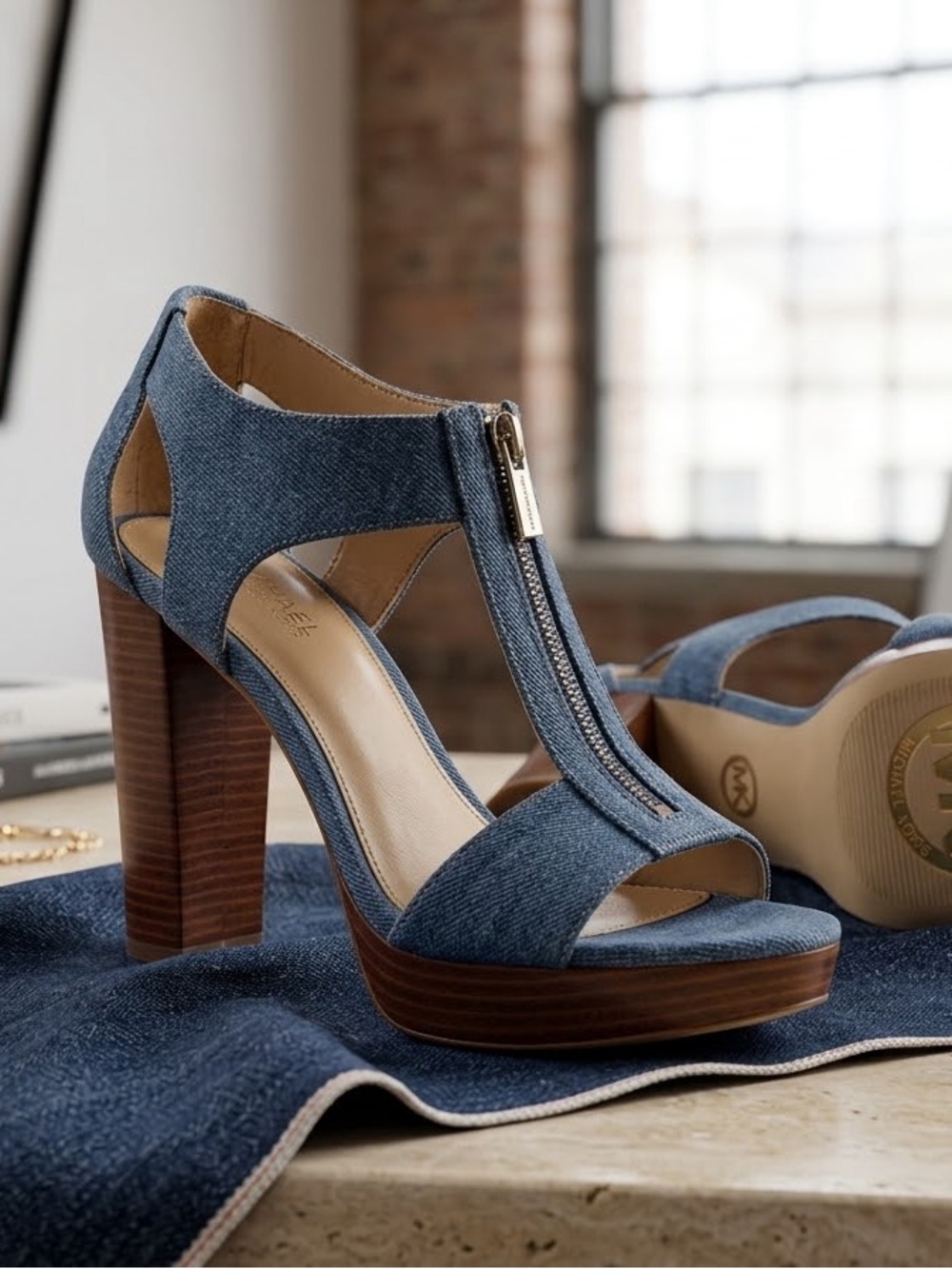 Denim Blue High Block Heel Sandals with Front Zip